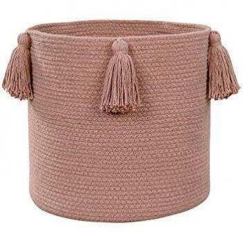 Happy Decor Kids -Cesta POM-POM M Hecha a Mano, Cesto Decorativo y Organizador Elaborado en 100% Algodón Natural con Borlas - Color Rosa - 30x30x30cm
