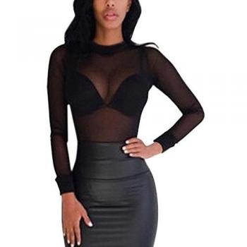 ZANZEA Blusa Camiseta Casual Transparente Oficina Verano Playa Mangas Largas para Mujer Negro EU 38-40