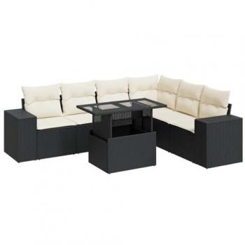 7-Piece Black Poly Rattan Garden Sofa Set with Cushions