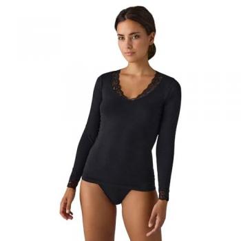 Camiseta Manga Larga de Algodón con Cuello Pico y Detalle de Encaje en Negro Ysabel Mora