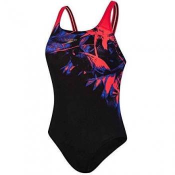 Speedo Colourrays Placement Powerback Bañador, Mujer, Black/Lava Red/Beautiful Blue, 32
