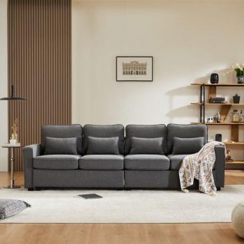 Sofá Moderno de 4 Plazas en Tela de Lino Gris Oscuro con Consola, Portavasos, 2 Puertos USB y 4 Cojines