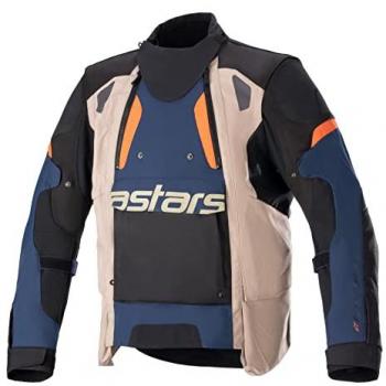 Chaqueta textil Alpinestars Halo Drystar para motocicletas - Impermeable, Azul Oscuro/Caqui Oscuro/Naranja Llama, tamaño M