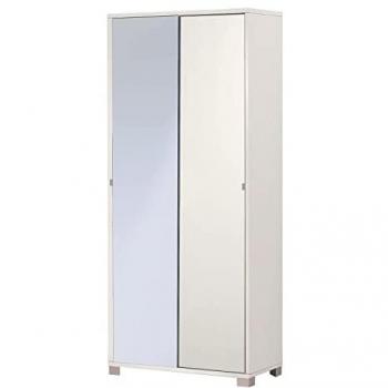Armario alto de 190 cm con 2 puertas correderas, una con espejo y estantes, color blanco fiammato