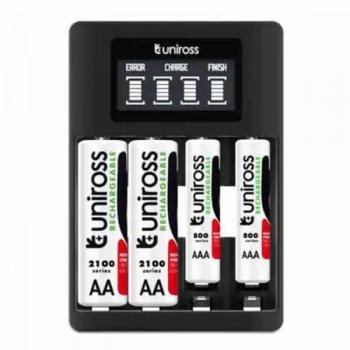 Uniross Ultra Fast Cargador rápido para baterías recargables AA / HR6 - AAA / HR03 Alimentado por cable USB con 4 pilas AA 2700 Series - Paquete de 1 cargador y 4 pilas AA