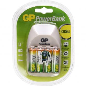 GP PowerBank Nite Lite - Cargador con 4 pilas recargables AA / 2600 mAh NiMH y luz nocturna, color blanco