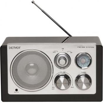 Radio Denver TR-61 Portátil Negro con FM/AM, Antena Telescópica, Entrada AUX y Funcionamiento a Red Eléctrica o Pilas AA - Diseño Retro