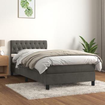 Cama box spring con colchón de terciopelo gris oscuro 100x200 cm, incluye colchón viscoelástico, espuma, protector, muelles ensacados, adaptable y acolchado reversible