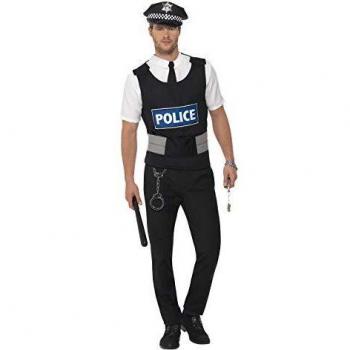 Smiffys-38833L Kit instantáneo de policía, con Chaleco, Camisa postiza, Sombrero y Esposas, Color Negro, L-Tamaño 42-44