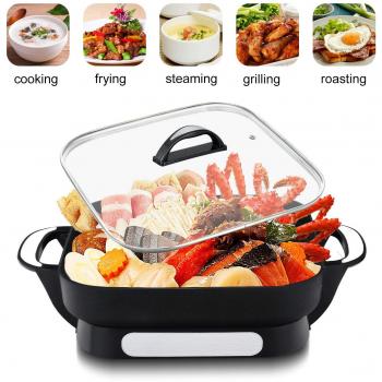 efluky Sartén eléctrica, Olla eléctrica Cazuela Barbacoa multifunción con Tapa de Cristal, GD-12A, 1500W