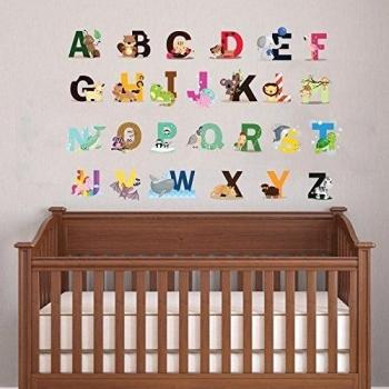 Cute Animal alfabeto adhesivo decorativo para pared para dormitorio bebé decoración de la pared letras del alfabeto A-Z extraíble Peel & stick