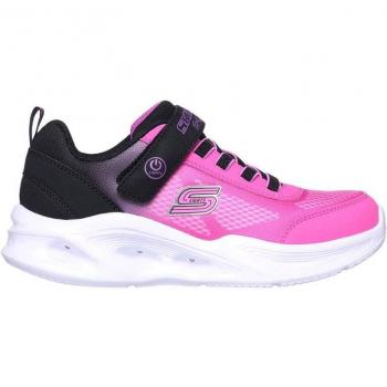 Zapatillas Skechers Sola Glow Negro/Rosa Niña - Modelo 303714L BKHP, características: diseño ligero, cierre de velcro, suela antideslizante, plantilla acolchada, parte superior de malla transp