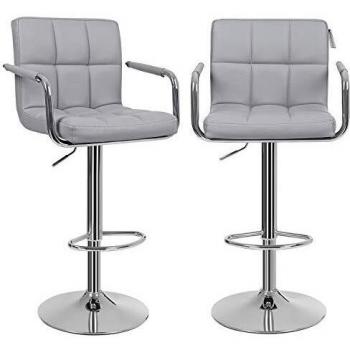 Taburetes de bar ajustables y giratorios, 2 unidades, acabado cromado con asiento de cuero sintético, diseño moderno y versátil, color gris