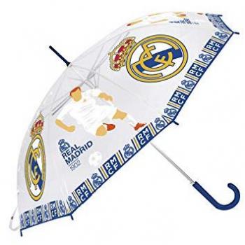 Paraguas Automático Infantil Transparente Real Madrid CF 54cm, Ligero y Resistente, de goma EVA, compuesto por 8 paneles