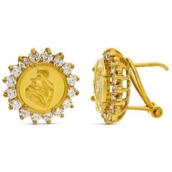Pendientes de Oro 18k para Mujer con Circonitas, Diseño Borde Moneda y Detalle Madre Hijo, Aro de 12 mm con Forma Margarita Calada 10 x
