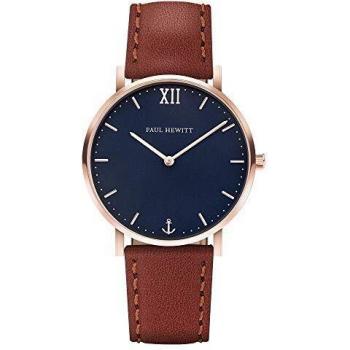 PAUL HEWITT Reloj de muñeca para Mujer en Acero Inoxidable Sailor Blue Lagoon - Reloj de Mujer con Correa de Cuero marrón, Reloj de muñeca para Mujer en Oro Rosa con Esfera Azul