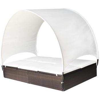 Double Sun Lounger with Canopy Poly Rattan Brown