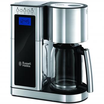 Russell Hobbs Cafetera de Goteo Elegance - Diseño de Cristal, Capacidad de 1,25L, Soporte de Filtro Extraíble, Tecnología Rociado Avanzada, Programable, Función Autolimpieza, Plata y Negro - 23370-56