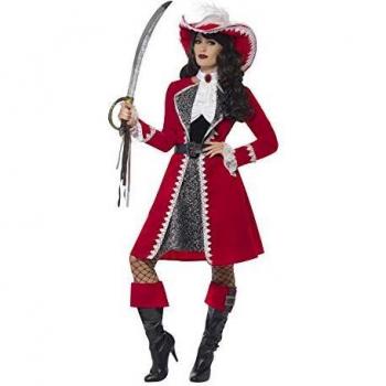 Smiffys-45533L Disfraz de capitana auténtica de Lujo, con Vestido, Chaqueta, Corbata y fu, Color Rojo, L-EU Tamaño 44-46