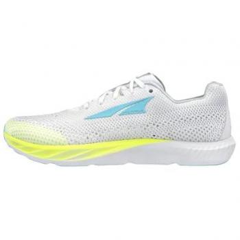 Zapatillas de Trail Running Altra Escalante Racer 2, características: diseño ligero, amortiguación responsive, parte superior transpirable, suela duradera para agarre en diferentes superficies, color blanco con detalles en amarillo neón,
