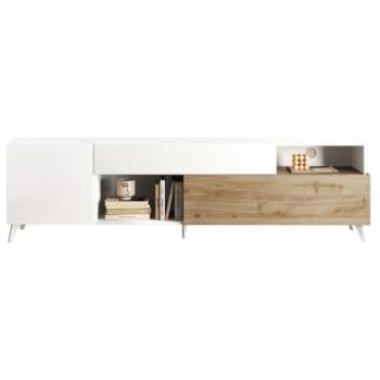 Mueble TV DONALA 241 cm con 2 puertas, 1 cajón y 2 estantes - Blanco lacado y natural