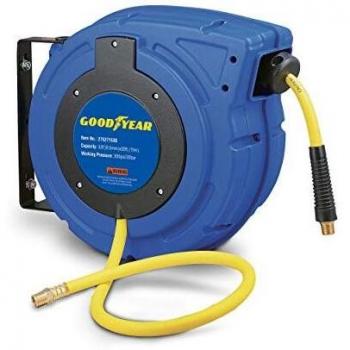 GOODYEAR Air-Hose-Reel Retractable 3/8 Inch x 50' Feet Premium Commercial Flex Hybrid Polymer Hose Max 300 Psi Heavy Duty Spring Driven Polypropylene Construction w/Lead-in Hose & PVC Handle