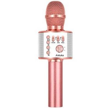 Micrófono inalámbrico Ankuka para karaoke, 4 en 1, con altavoz, portátil, con reproductor Bluetooth Home KTV, calidad de audio superior para cantar y grabar, compatible con Android e iOS, rosa dorado