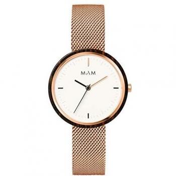 Reloj MAM mujer madera con malla milanesa en acero rosado.664