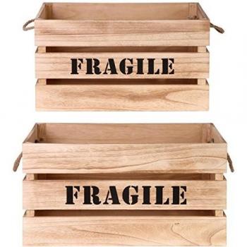 Juego de 2 cajas apilables de madera maciza - Beige - Grande: 54x37x28 cm - Pequeña: 48x31x26 cm