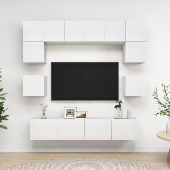 Set de muebles de salón 8 piezas madera ingeniería blanco brillo 80 x 30 x 30 cm, Mueble TV, Mueble Televisor, Mesa de TV