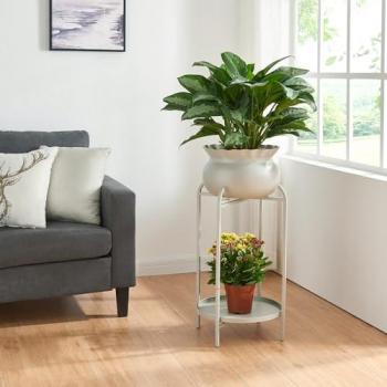 Soporte para Plantas Altena 2 Niveles Metal Gris Claro 60x27x27 cm con Estante y Macetero Extraíble