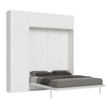 Cama Abatible 140 Kentaro en Fresno Blanco con Columna y Módulo Superior Vasistas, Mueble Alto en Popa