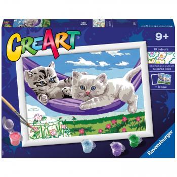 Kit de Pintura por Números Ravensburger - Gatitos en la hamaca CreArt: Serie D. Juego Creativo para Niños y Niñas de 9+ Años