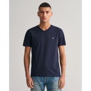 Camiseta Gant para Hombre Shield V-Neck Marino Slim Fit Algodón Manga Corta