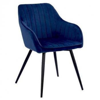 Silla de Terciopelo Azul Bertille con Respaldo y Brazos, Diseño Moderno y Patas de Metal Negro