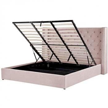 Cama con almacenaje de terciopelo rosa pastel 180 x 200 cm Lubbon, cabecero alto y elegante
