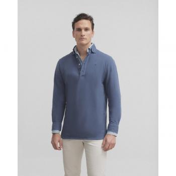 Polo liso manga larga azul medio para Hombre