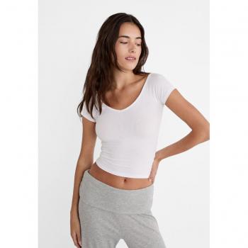 Stradivarius Ribbed V-Neck T-Shirt White XL