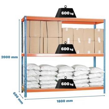 Estantería SIMONFORTE 1806-3 Chipboard Azul/Naranja/Madera, 3 Estantes, Capacidad de Carga 600 kg, Dimensiones 2000x1800x600 mm