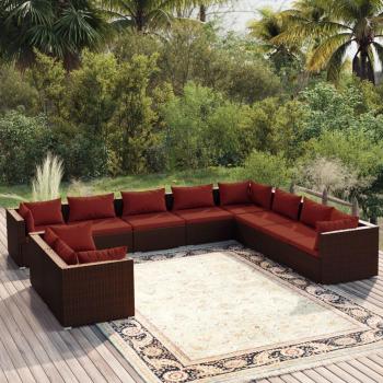 10-Piece Brown Poly Rattan Garden Lounge Set with Cushions