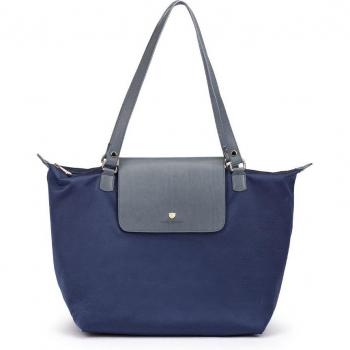 Bolso de hombro de tejido y piel modelo NAVARRA en tonos Azules, hecho a mano en España