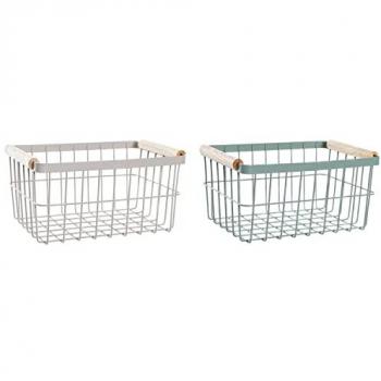 Cesta de Varilla Vintage Verde Beige de Metal y Pino - 30,5 x 20 x 14,5 cm (2 Unidades)