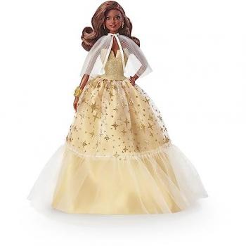 Barbie Signature Muñeca Holiday 2023, vestido dorado y cabello castaño oscuro, colección afroamericana