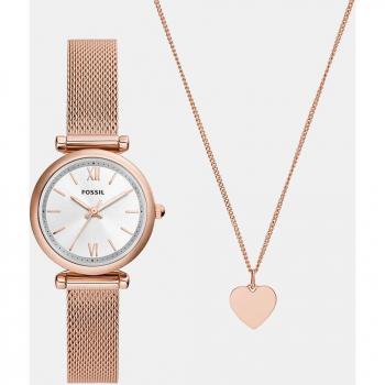 Fossil Carlie Rose Gold Stainless Steel Women's Watch and Necklace Gift Set ES5314SET