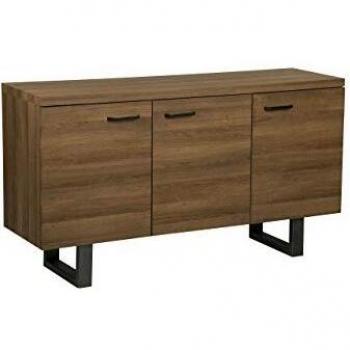 Aparador Industrial de 3 Puertas en Madera Oscura con Base Metálica Gris y Asas de Aluminio, Gabinete Independiente con Estantes