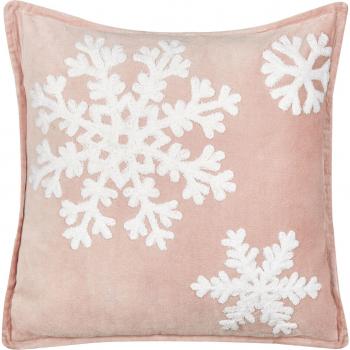 Cojín Decorativo de Terciopelo Rosa y Blanco con Estampado de Copo de Nieve, 45 x 45 cm, Funda de Algodón Extraíble
