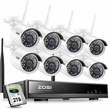 ZOSI Kit de Cámara de Vigilancia WiFi 8CH H.265+ 2K Grabador NVR Inalámbrico con 8pcs 3MP Cámara de Seguridad IP Exterior, Visión Nocturna, Alarma de Movimiento, 2TB Disco Duro