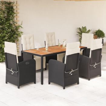 7 Piece Black Poly Rattan Garden Dining Set with Cushions