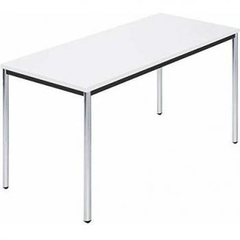 Mesa rectangular con tubo redondo cromado, 1400 x 700 mm, color blanco
