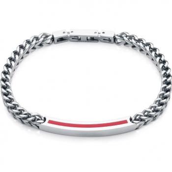 Pulsera Magnun en acero de cadena con placa y línea de esmalte rojo